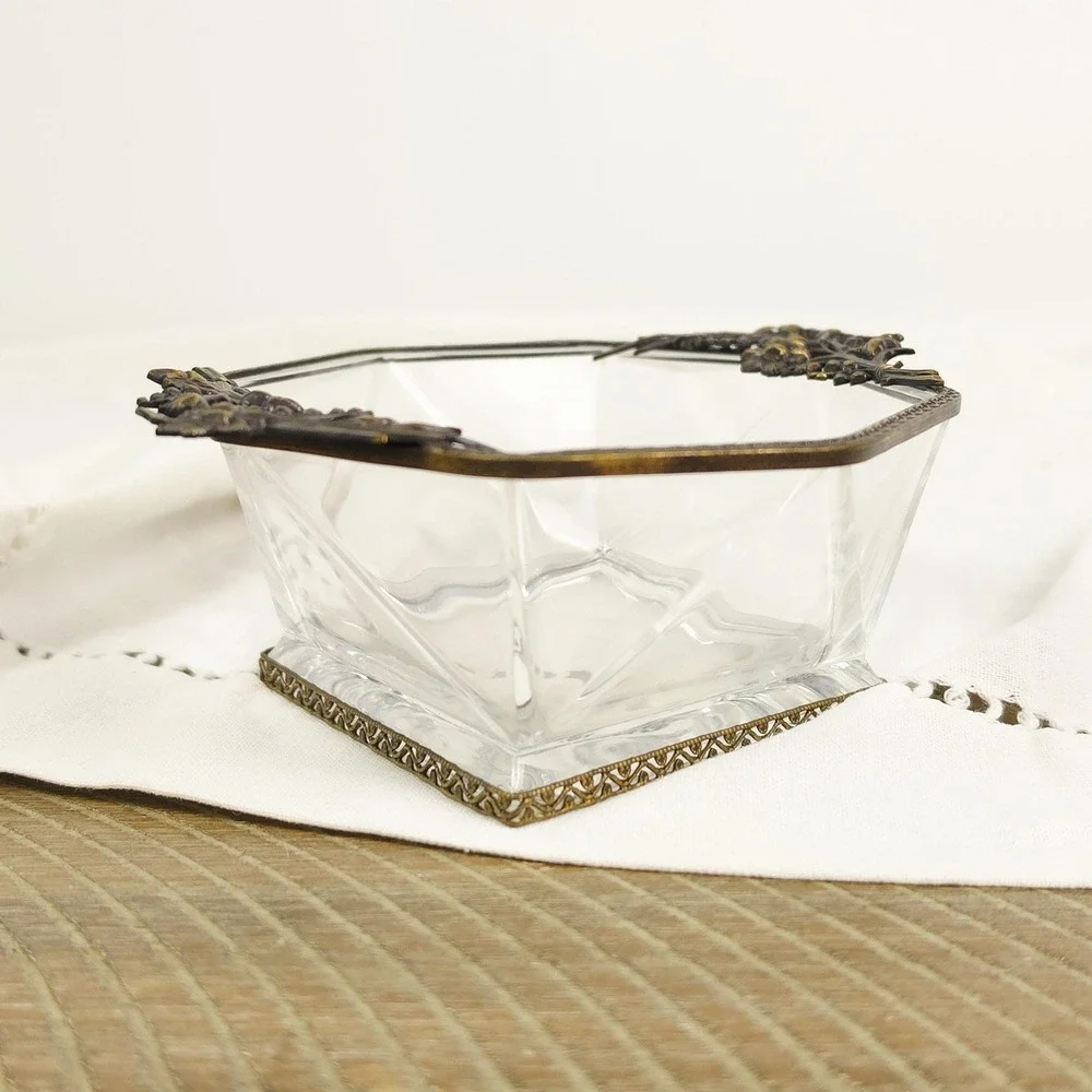 Vintage Candy Dish with Ornate‎ Handles, Decorative Cache Bowl, Trinket Dish
